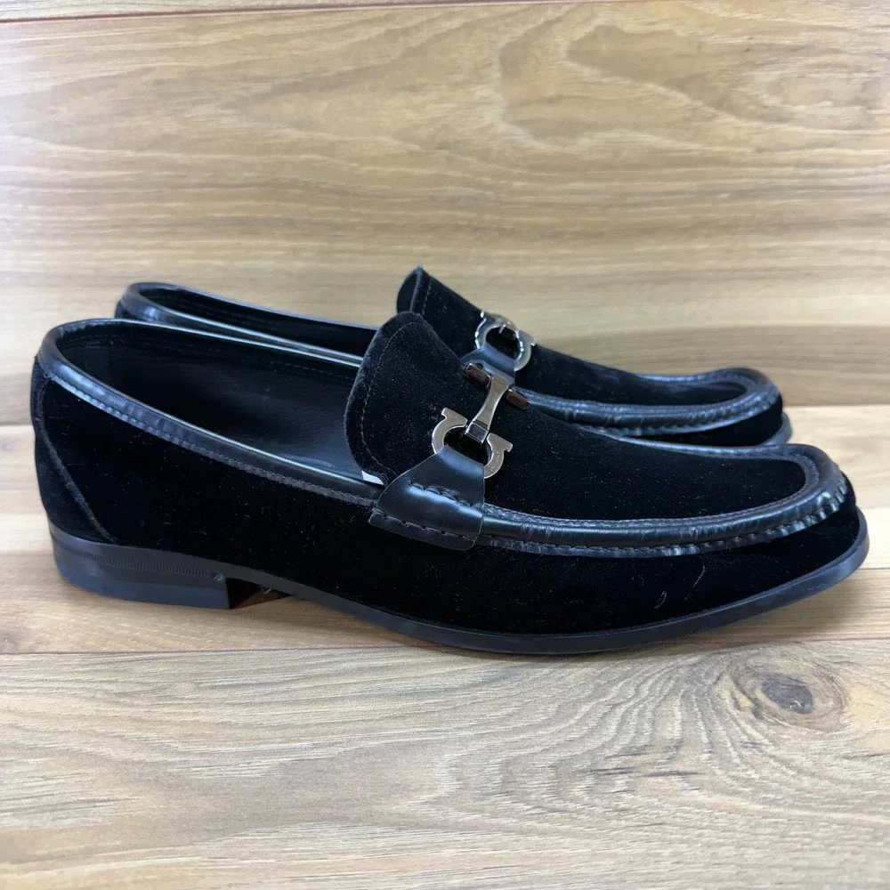 Salvatore Ferragamo Gandioso Black Velvet Loafer Men 10 E Ornament Formal Luxury